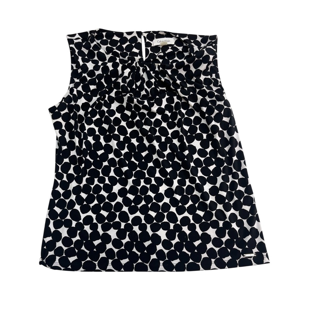 Calvin Klein Womens Black White Abstract Dot Pleated Sleeveless Blouse Size L